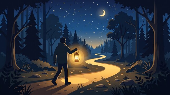 Conceptual illustration of a man walking along a winding path in a dark forest at night, holding a glowing lantern under a starry sky with a crescent moon, representing guidance and journey.