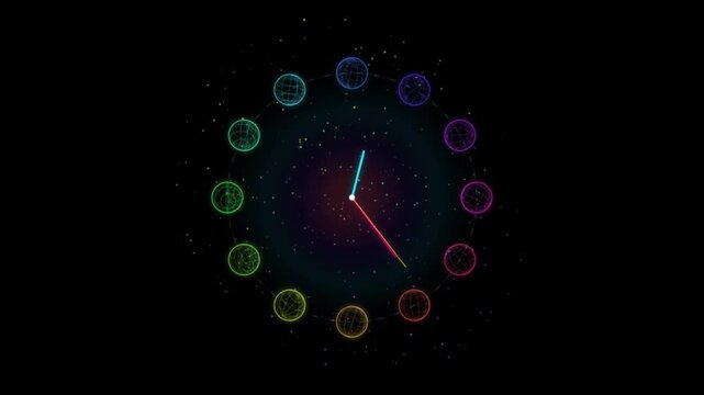 Abstract digital clock with glowing neon hands and colorful wireframe globes representing global time and connectivity concept