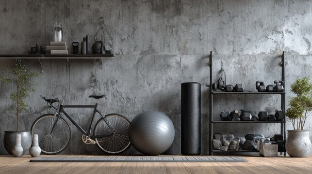 Modern gym interior with sport and fitness equipment on concrete wall background- 3D rendering