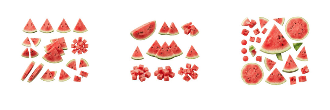 Set of fresh juicy red watermelon slices wedges chunks and cubes isolated on a white background summer fruit collection for refreshing food and beverage design