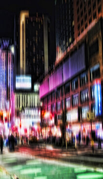 Urban, road and buildings at night for travel with transport speed, street lights and sidewalk of city. Blurry, infrastructure development and environment, explore nightlife and tourism view outdoor