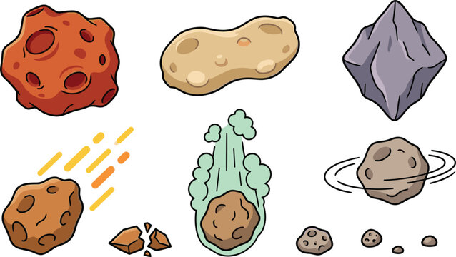 Cartoon Asteroid and Meteorite Vector Set Featuring Falling Space Rocks Cratering Comets and Broken Debris Fragments for Sci-Fi Gaming and Astronomy Designs