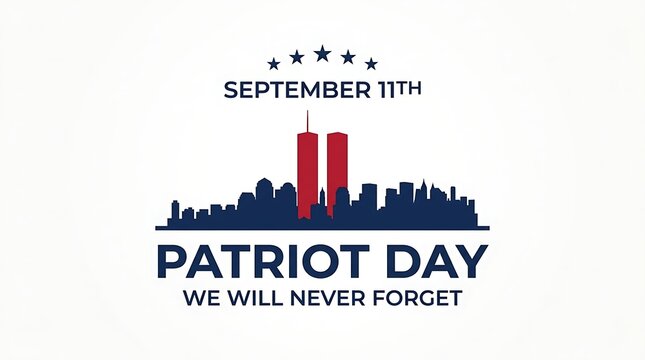 Patriot day september 11th we will never forget twin towers memorial with american skyline silhouette in navy blue and red for remembrance.