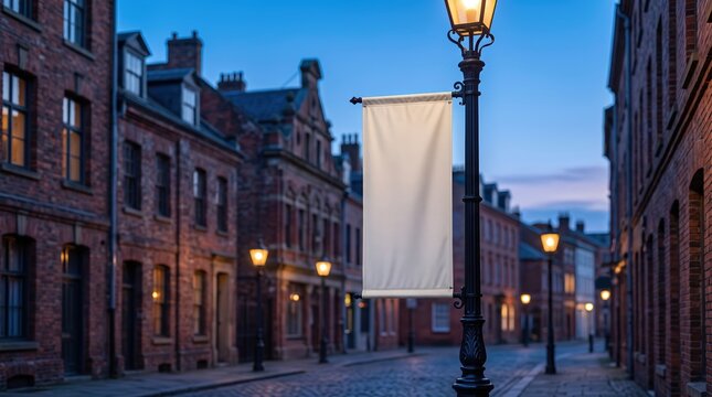 Blank white vertical banner mockup on vintage lamppost in old European street at dusk