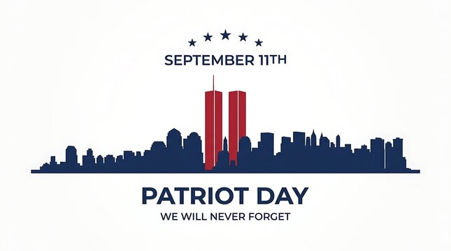 Patriot day september 11th we will never forget twin towers memorial with american skyline silhouette in navy blue and red for remembrance.