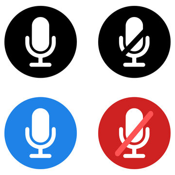 Four microphone icons in circular buttons showing active and muted states with different color backgrounds