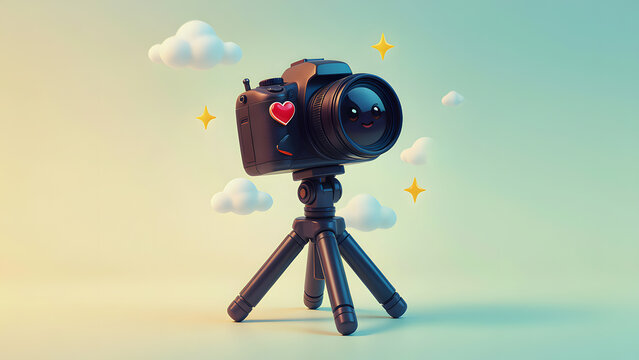 cute 3D cartoon camera tripod, adorable chibi style, three-legged camera stand with small camera mounted on top, created with generative ai