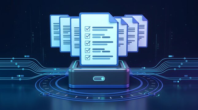 Multiple Glowing Digital Checklist Documents on Cyber Pedestal