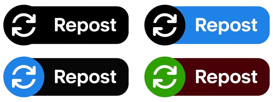 Four repost buttons in black blue and maroon with white refresh icons and text on clean background