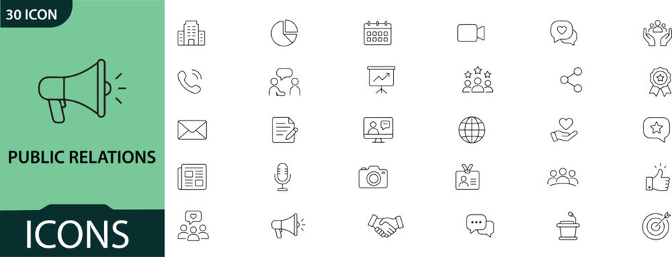 Set of thin line public relations and marketing icons for business and digital communication