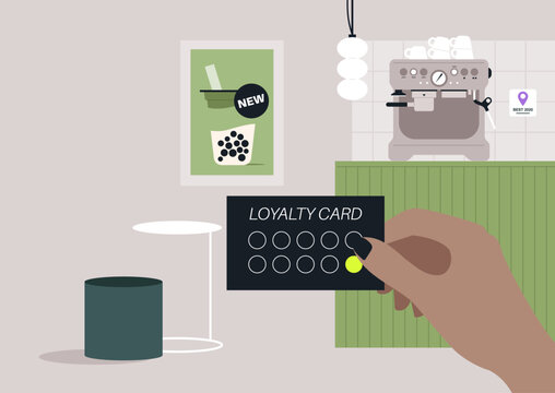 Patrons enjoy their time at a vibrant cafe, eagerly filling their loyalty cards with stamps for tasty beverages, A sense of excitement fills the air as rewards await.