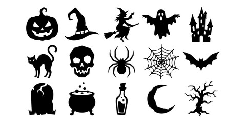 Fototapeta premium Halloween icon set with spooky symbols and holiday elements in black outline style. A collection of Halloween themed icons featuring pumpkins, ghosts, skulls, and witches in a clean line art style.