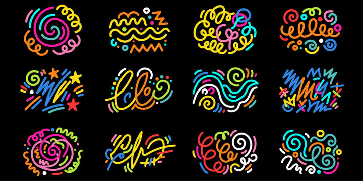 Neon scribble brush strokes set. bright colored hand drawn patterns. glowing abstract vector graphics. creative artistic design elements with scribble handdrawn abstract artistic colorful