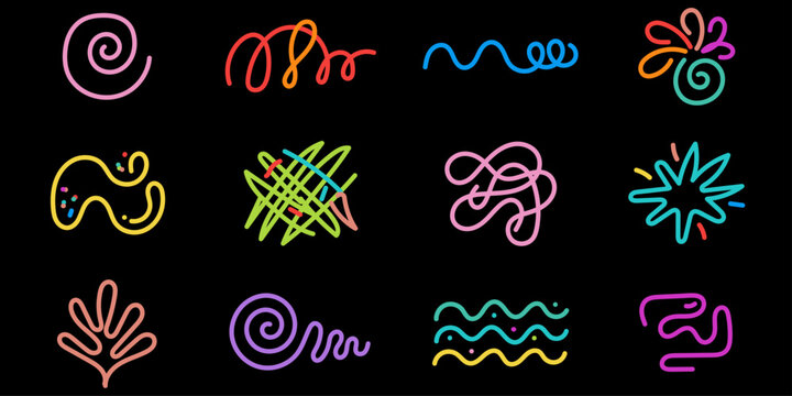 Neon doodle elements collection. colorful glowing hand drawn graphics. artistic vector set. abstract creative design assets with handdrawn abstract artistic colorful collection illustration