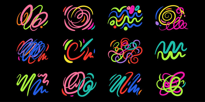 Glowing neon sketch symbols collection. colorful hand drawn abstract elements. vector design assets. dynamic artistic graphics with handdrawn abstract artistic colorful collection scribble