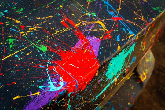 Colorful paint splatter on car surface