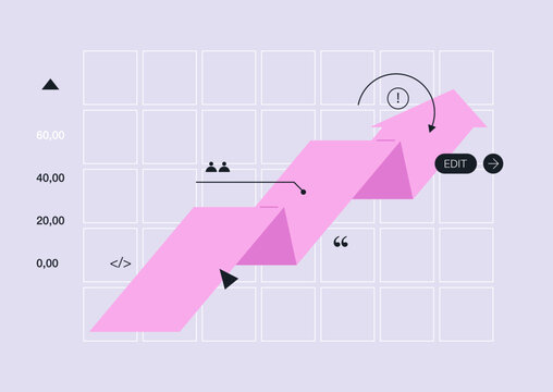 Vibrant arrow graph icons illustrate a positive trend, showcasing growth and progress, The scene features a simple and modern layout, emphasizing visual appeal and clarity.