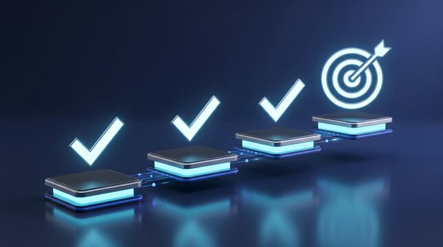 Isometric Digital Workflow Checkmark Nodes on Connecting Cyber Platforms