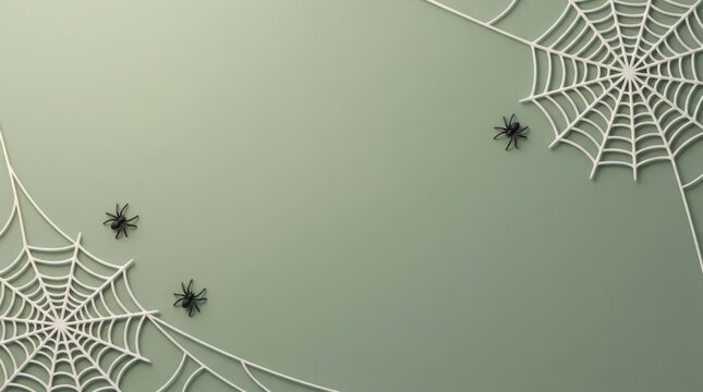 Spiderwebs with spiders in soft lighting against a muted green background for Halloween