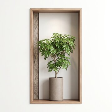 Green schefflera plant in a grey pot inside a wooden rectangular wall frame isolated on white background