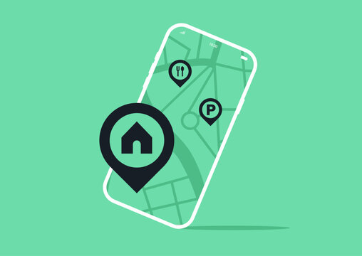 A smartphone displays a vibrant map, featuring icons for dining, parking, and home locations, This digital tool offers easy navigation in a bustling city environment, supporting modern living.