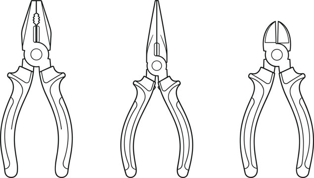 Pliers hand tools set including combination needle nose and diagonal wire cutters linear outline vector illustration icons