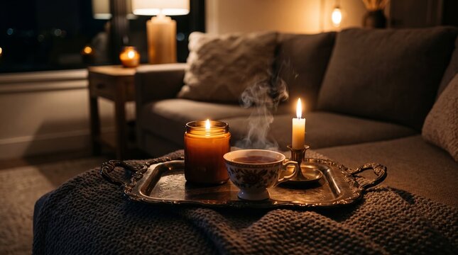 Serving a single platter with steaming tea cup and elegant candles in a modern living room, cozy sofa, peaceful atmosphere