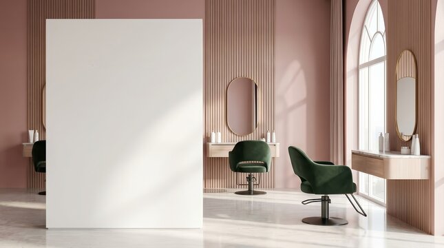 Interior of a luxury hair salon featuring pink walls and panoramic window mockup.
