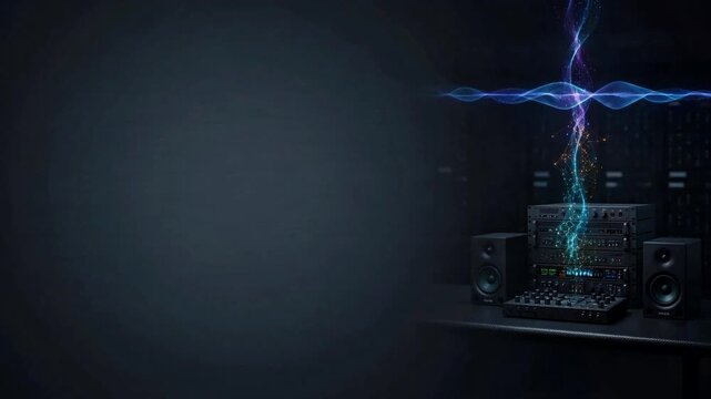Professional audio mixing studio equipment rack with glowing sound wave spectrum visualizer and electronic energy stream in a dark recording studio.
