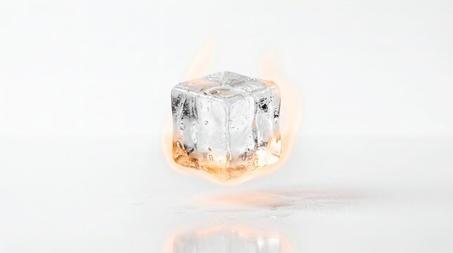 
Ice Cube Surrounded by Flames on Reflective White Surface
