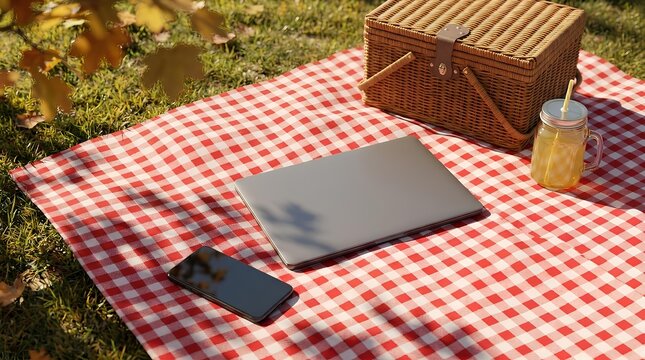 Remote work setup with laptop and smartphone on checkered picnic blanket in a sunny outdoor park.