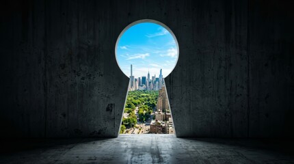 Fototapeta na wymiar View of the New York City skyline through a keyhole shape in a dark concrete wall.
