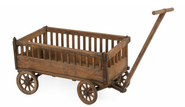 Alter Holzwagen mit Speichenraedern und Schubstange auf weissem Hintergrund