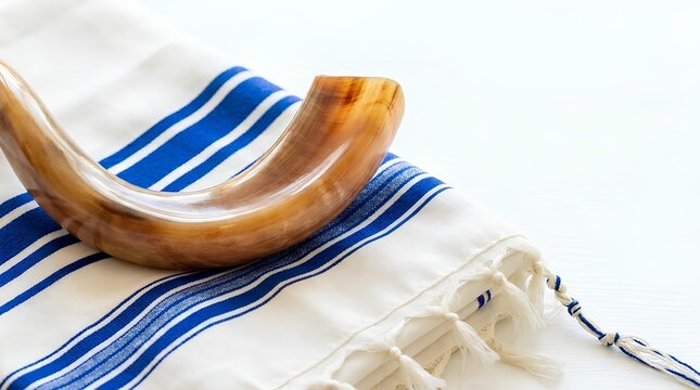 Shofar ram horn on a blue striped Jewish tallit prayer shawl.