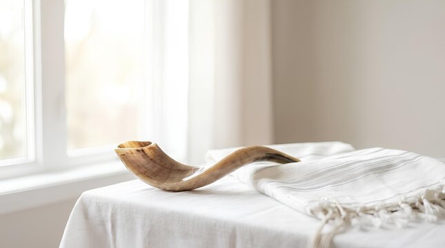 Shofar on white cloth near window.