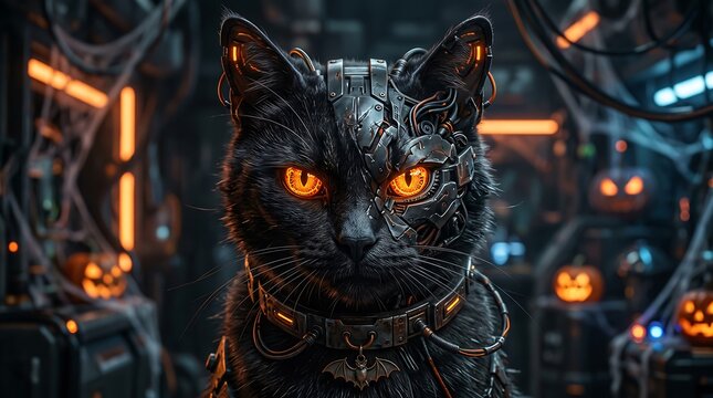 Generative AI rendering of a sci-fi cyborg black cat with glowing orange optical sensors for a futuristic Halloween concept.