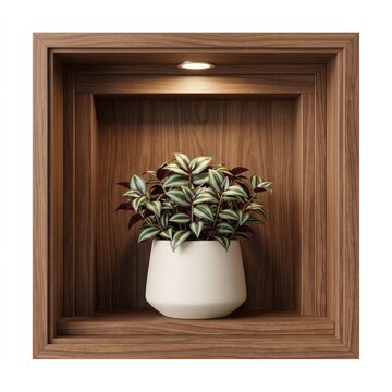 Small green house plant in a modern white pot sitting inside a wooden wall shelf with warm lighting isolated on white background