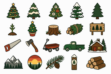 Fototapeta premium Set of hand drawn forest and Christmas tree icons with woodland elements.