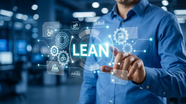 Lean manufacturing process management concept shown via a virtual interface with cogwheels and a businessman's hand.