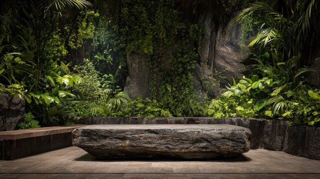 Massive grey rock platform set in dense tropical forest environment for premium product staging.