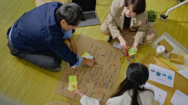 Group of young asian creative business brain storm meeting presentation,discussing roadmap to product launch, planning,strategy,new business development,working with new startup project in office.
