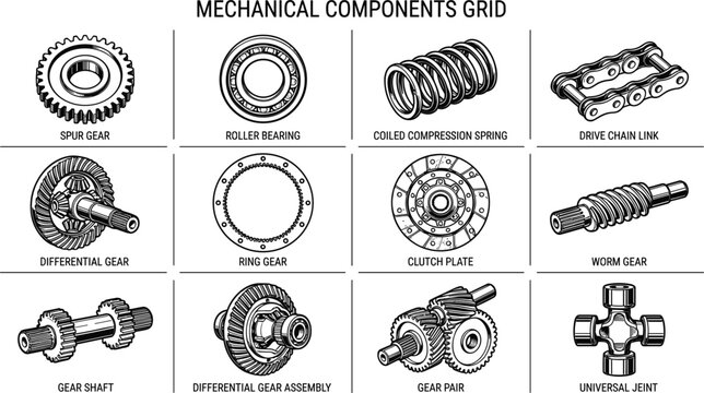 Mechanical components grid infographic vector illustration showing labeled technical engine parts gears springs bearings and universal joint