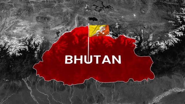 Bhutan map animated motion footage featuring waving national flag symbol