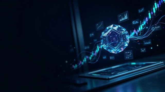 Futuristic glowing financial trading charts and data analytics hologram floating above a computer keyboard with a central artificial intelligence sphere.

