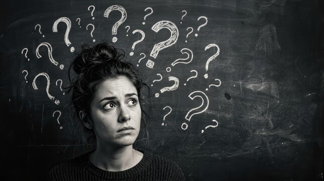 A woman searching for answers amidst drawn question marks on a blackboard.