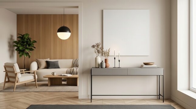Minimalist living room interior featuring a shelf with a mockup frame.