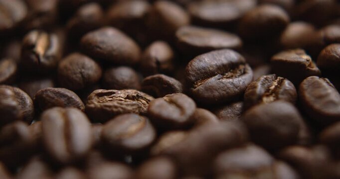 Close up macro coffee beans detailed roasted grains texture bokeh