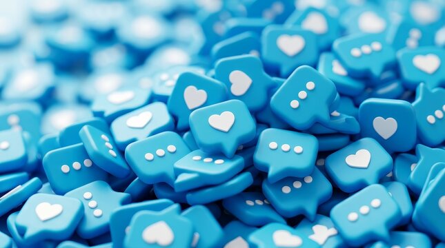 A pile of blue social media like icons and speech bubbles viewed from above.