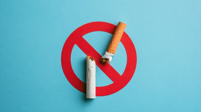 Conceptual image of no smoking policy with cigarettes and red prohibition sign on light blue background, promoting health awareness and anti-smoking campaign