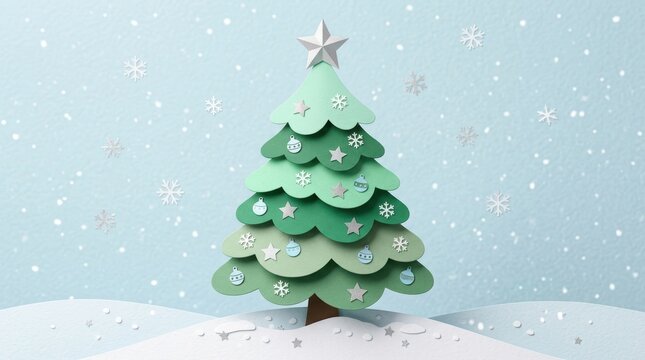 Paper craft christmas tree with ornaments and snowflakes on a light blue snowy background